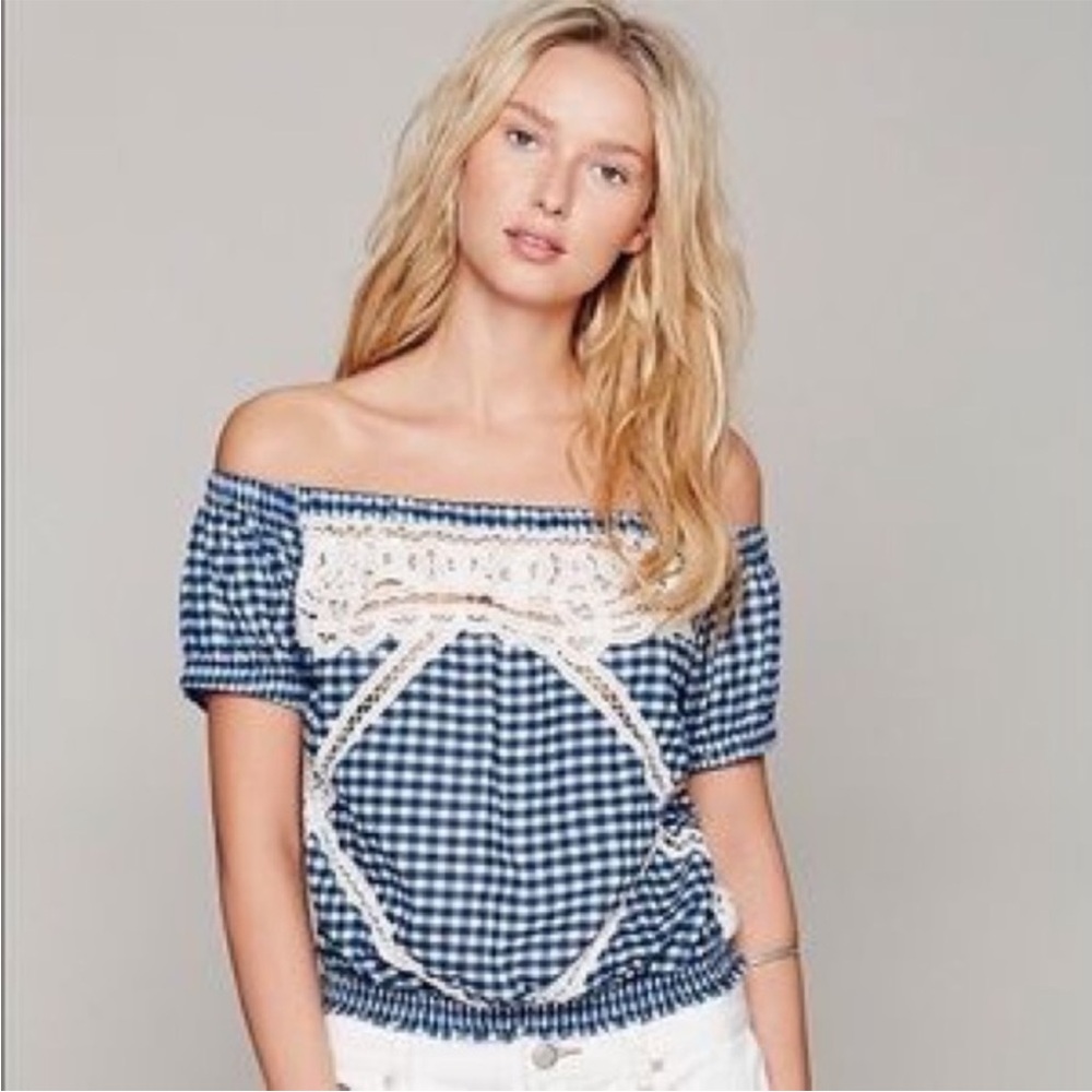 EUC Free People Blue Gingham Off-Shoulder Top Small / Medium